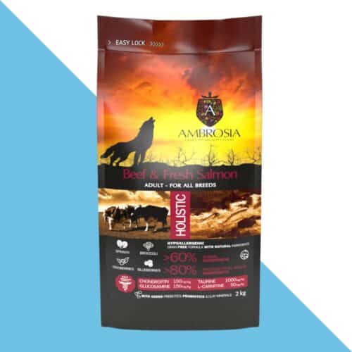 אמברוסיה בקר וסלמון היפואלרגני ללא דגנים לכלב בוגר 12 קג