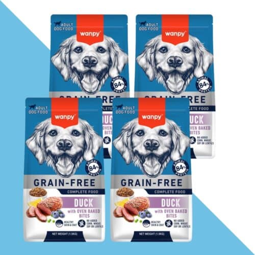 4 שקי וונפי ברווז 1.5 ק"ג לכלב בוגר מכל גזע ללא דגנים | 6 ק"ג Wanpy